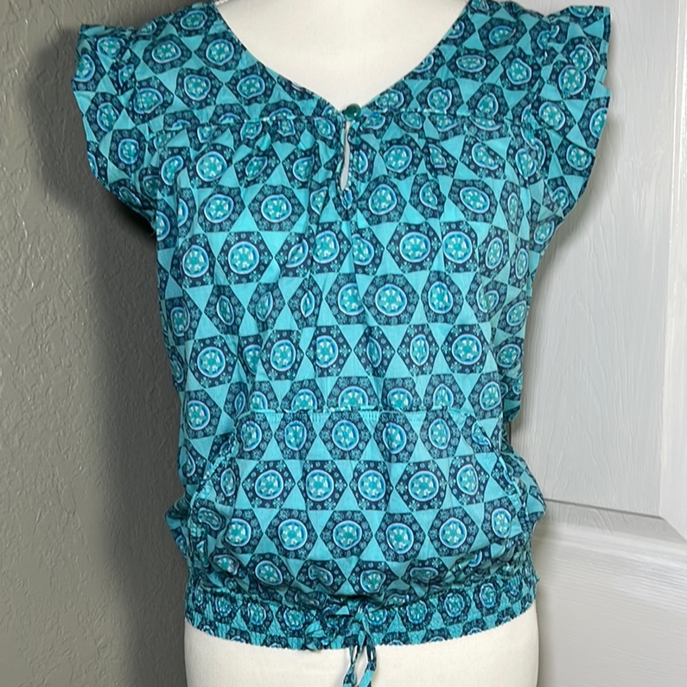 🐳Vintage Blouse OP Blue Flutter Sleeve Tie Front 100% Cotton